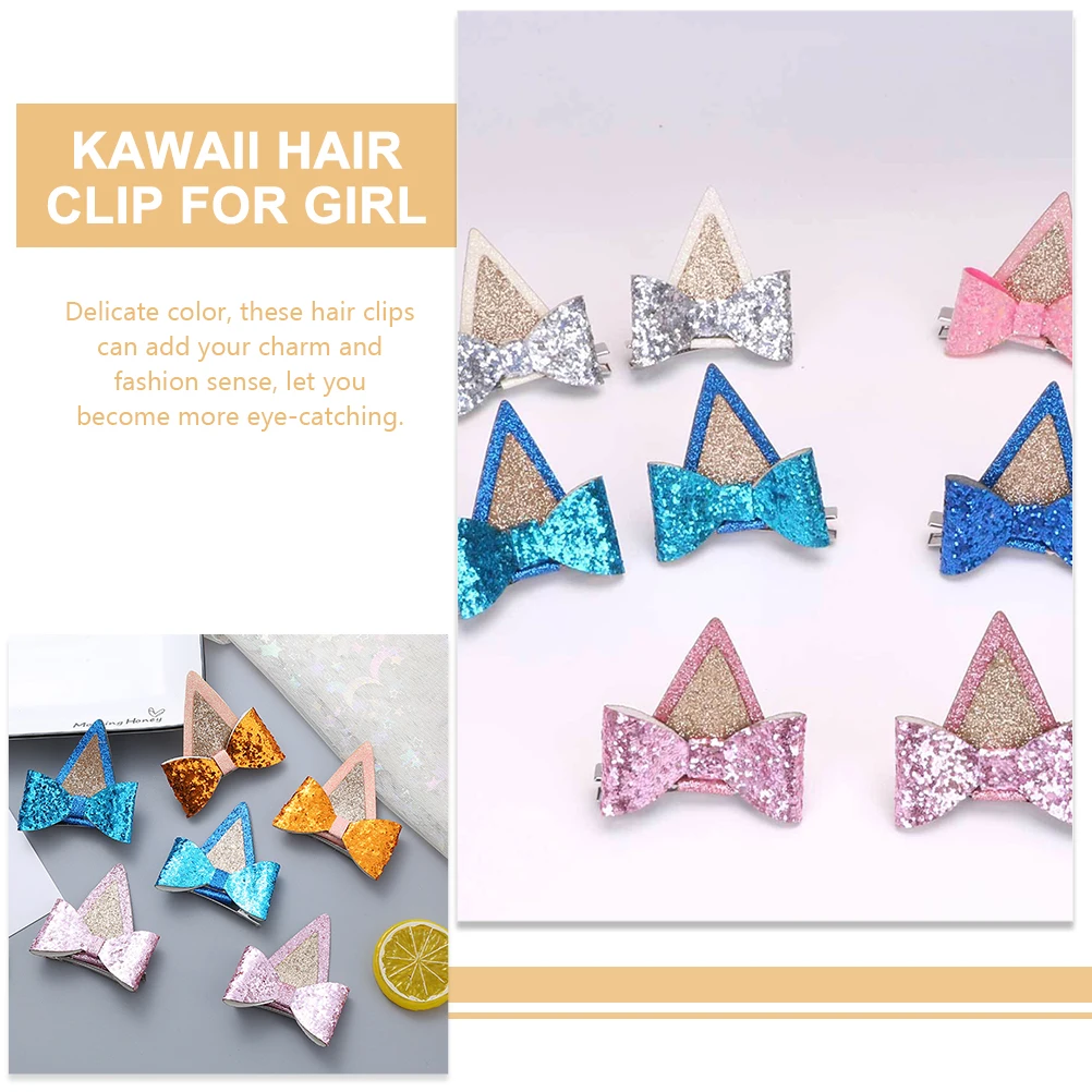 

6 Pairs Bow Hair Clips for Girls Kawaii Animal Ear Blue Skin Orange Purple No Fade Break Wedding Party Banquet