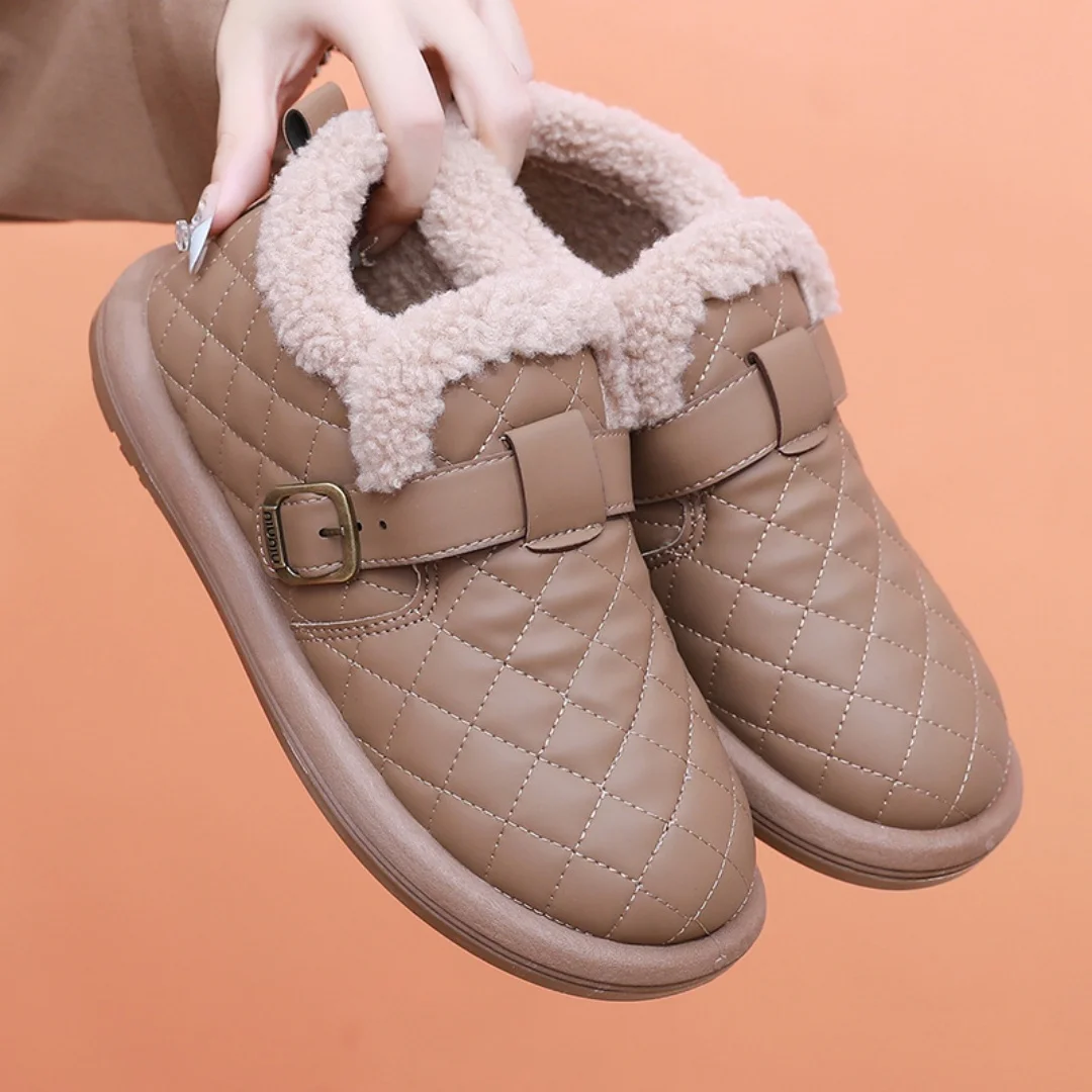 

2024 Flat Bottom Snow Boots Women Belt Buckle Boots Female Winter Round Toe Shoes Leisure Solid Plush Warmth Short Barrel Shoes