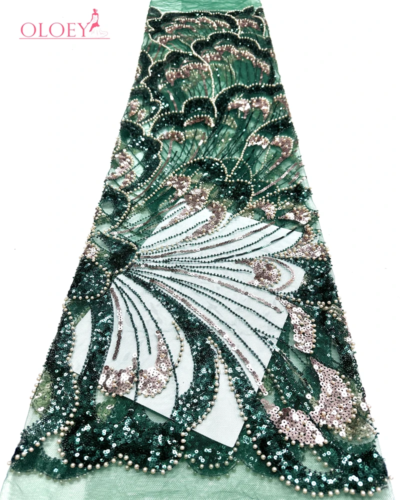 

OLOEY French Lace Fabric Pearl-Embellished 3D Tulle Blooms Bridal Evening Couture Luxe Textile for Wedding Dresses