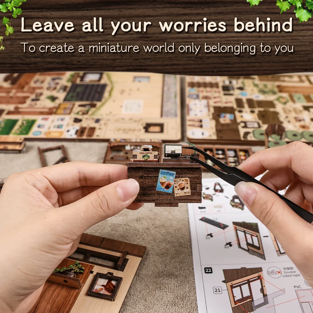 CUTEBEE Kissa Coffee Book Nook Kit 3D Wooden Puzzle Dollhouse with LED Light DIY Miniature House Model