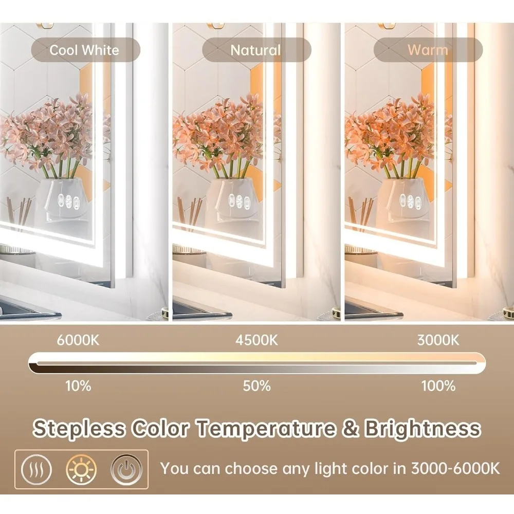 Bathroom mirror, backlight and headlight, color moderate dimmable wall mirror, tempered double light bathroom vanity mirror