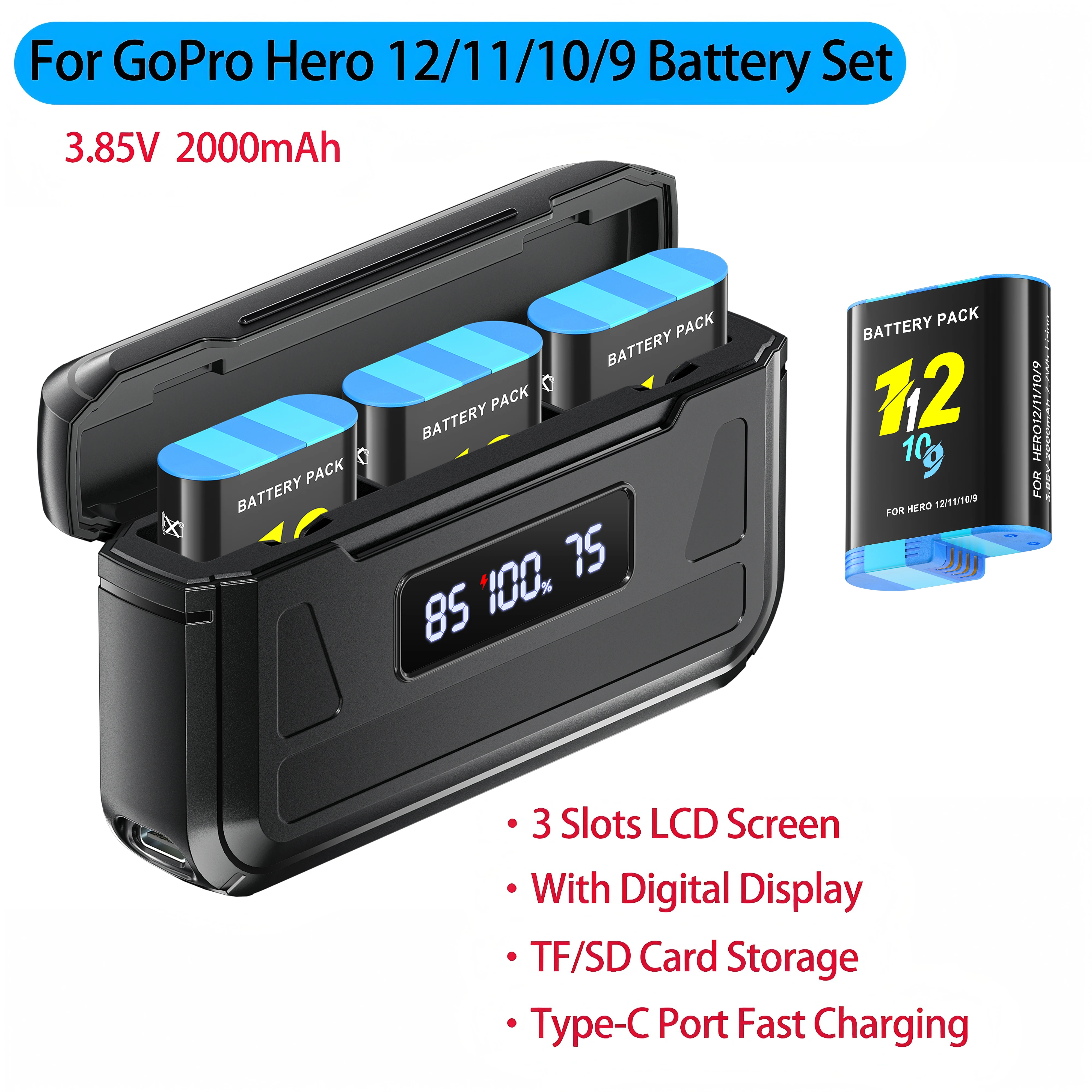 Batería para GoPro Hero 12 11 10 9 2000mAh para gopro 12 11 batería negra + caja de carga rápida de 3 vías tarjeta TF para cámara Go Pro 10 9