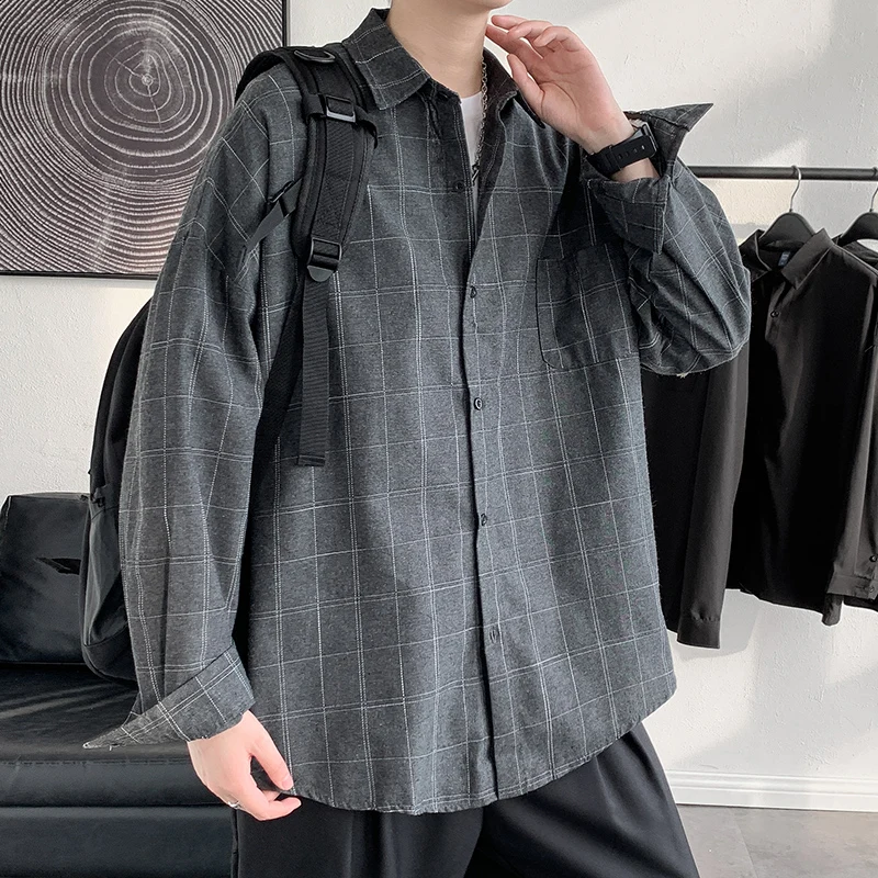 Summer Thin Ice Silk Casual Shirt for Men Plaid Pattern Cityboy Style Long Sleeve Loose Fit Youthful Trend Outerwear Jacket