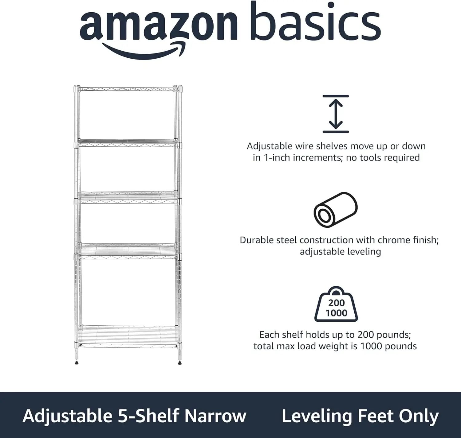 5-Shelf Adjustable Steel Storage Shelving Unit, 200 lb Capacity per Shelf, 23.2 x 13.4 x 60 inches, Chrome