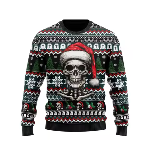 Santa Claus Skull Graphic Sweatshirts Funny Skeleton Ugly Sweater Xmas Holiday Crew Neck Sweatshirt Christmas Unisex Pullover