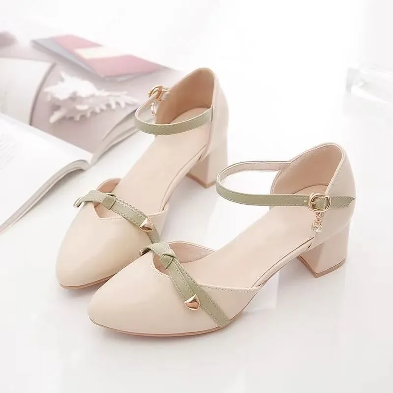 Zapatos De Mujer Women Fashion Bow Tie High Quality Beige Patent Leather Buckle Strap Spring Shoes Lady Cute Office Heels A222