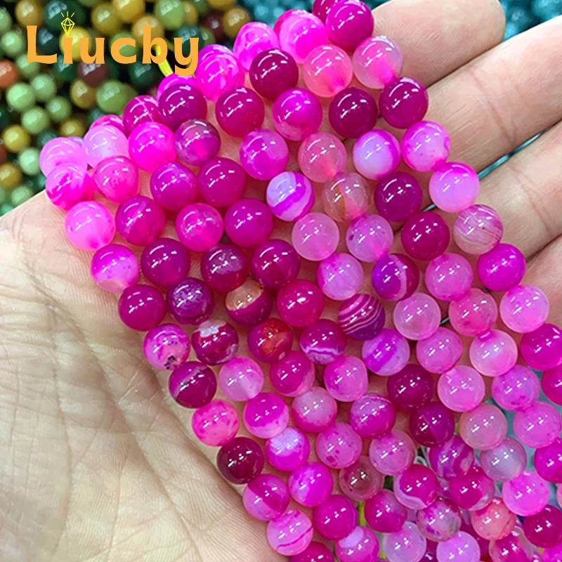 Natural stone pink Line agate Smooth Round Bead Handmade For Jewelry Making DIY Necklace Accessories 15