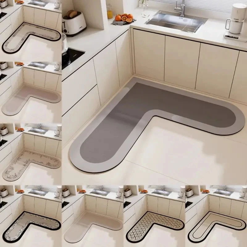 VIKAMA L-Shaped Kitchen Rug Water Absorbent Oil Proof Non-Slip Cushioned Floor Carpet Easy Clean Soft Waterproof Runner Mat