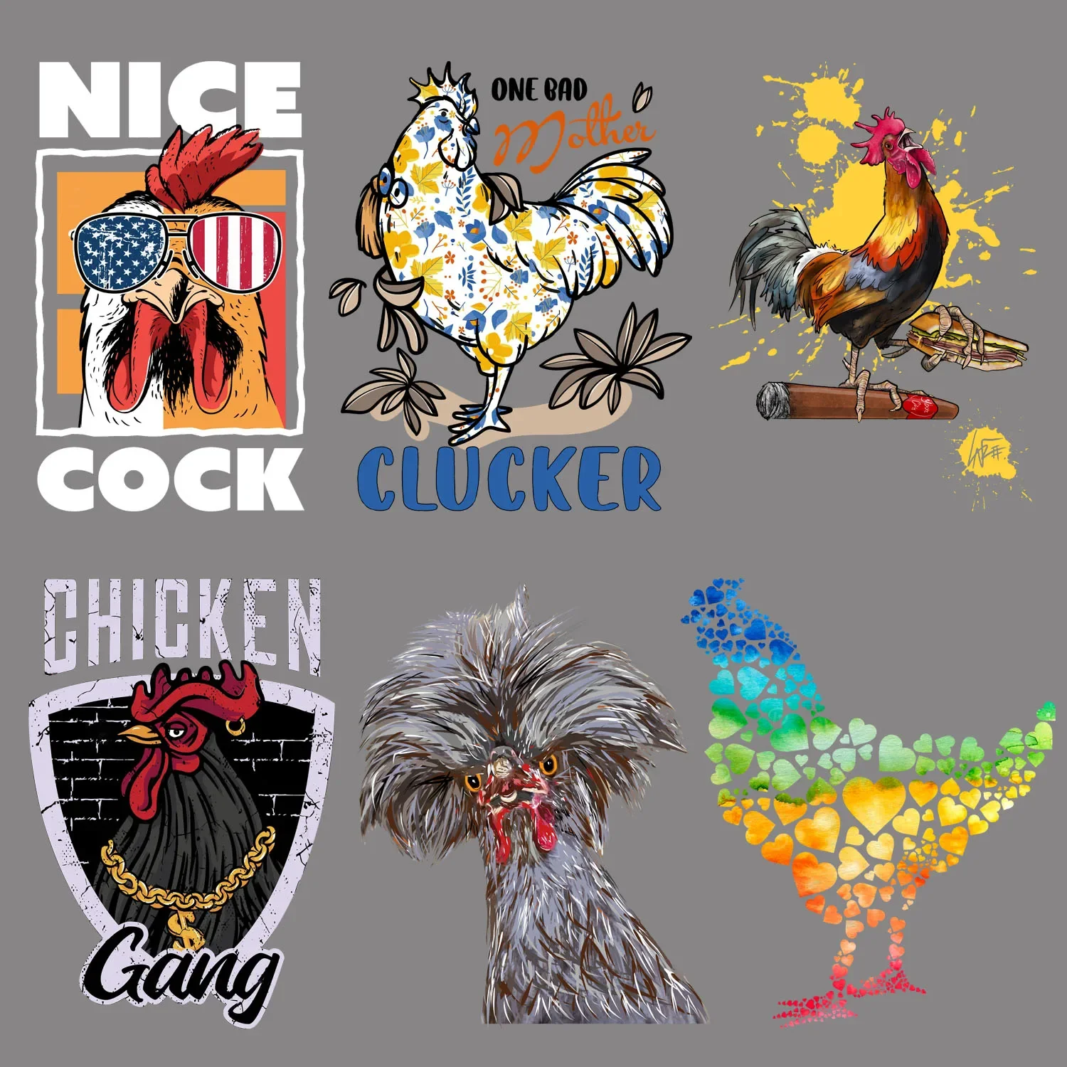 

6-Pcs chicken Themed Iron-On Transfer Stickers,Vinyl Heat Transfer Patches for DIY Garments Backpack Heat Transfer Film
