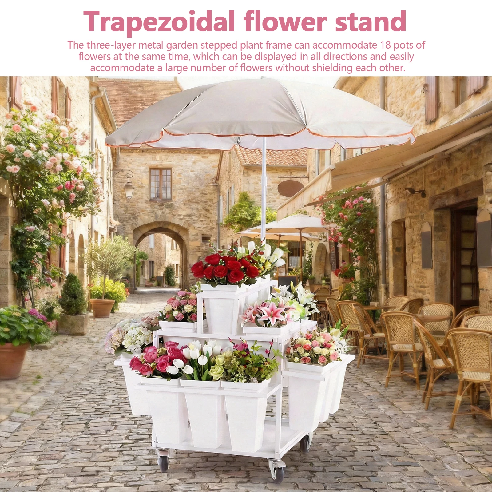 

Flower Cart Display Stand with 18 Buckets Mobile Plant Display Rack with Wheels W/ Umbrella for Patio Garden Shop Wedding Party