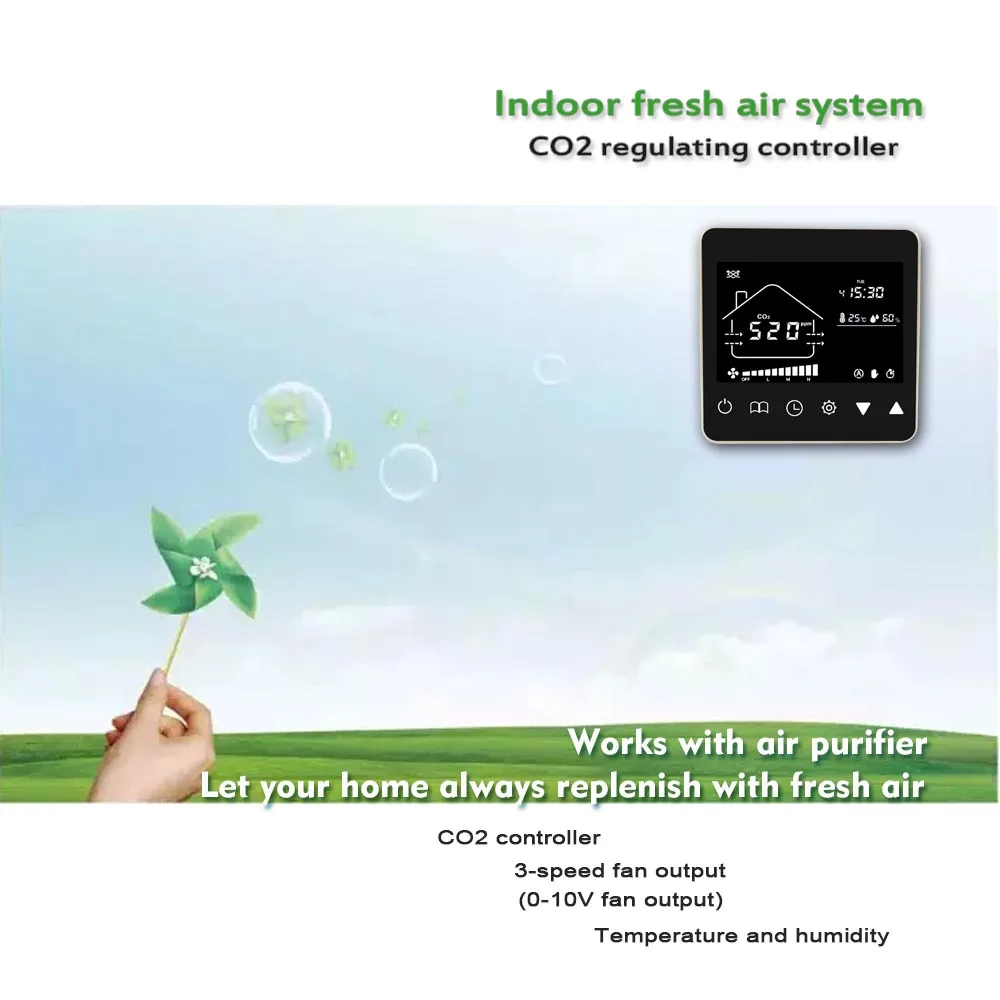 Ventilation system controller CO2 monitoring controller 0-10V fan or 3-speed fan output with manual bypass valve