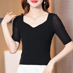 Mesh Half Sleeve T Shirt Women Spring Summer Black Tee Shirts V Neck Tops Femme Stretchy T-Shirts