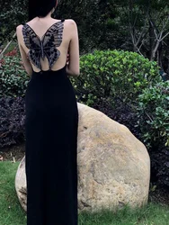 French Butterfly Embroidered Long Dresses Women Elegant Vintage Black Strap Party Clothes Fashion Summer One- Piece Dress 2024