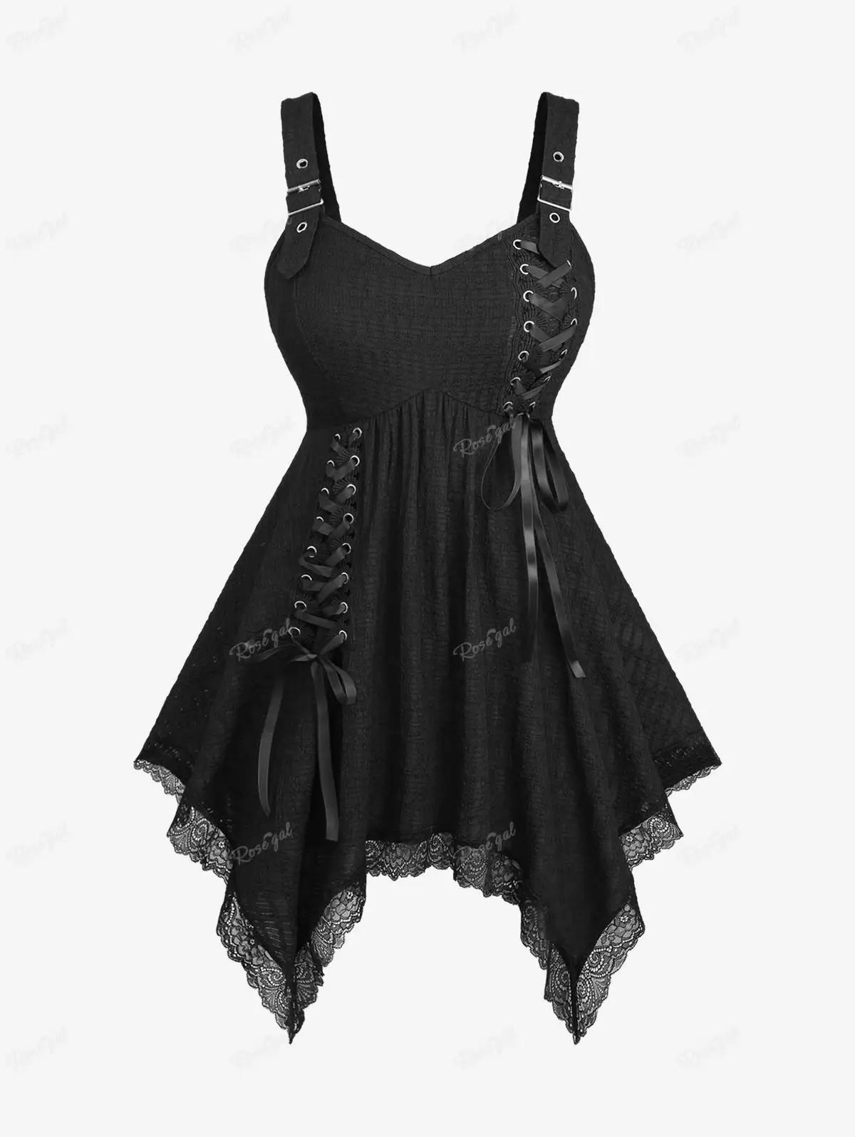 ROSEGAL Plus Size Women's Vest Black Lace Up Lace-trim Buckle Grommet Textured Handkerchief Tanks Summer New Top