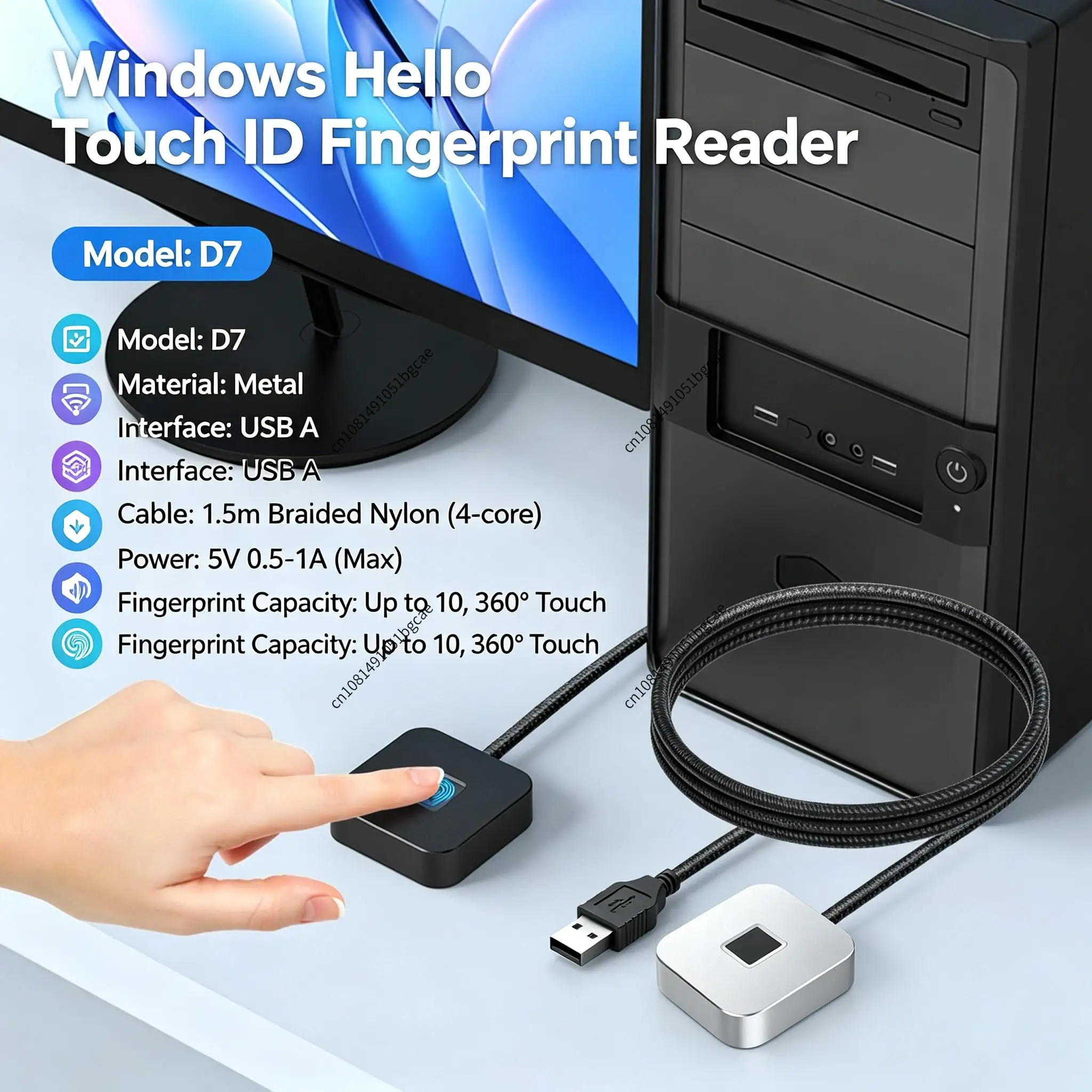 USB Fingerprint Reader with 5ft Cable For Windows Hello Fingerprint Reader Biometric Fingerprint Login Reader for Windows 10/11