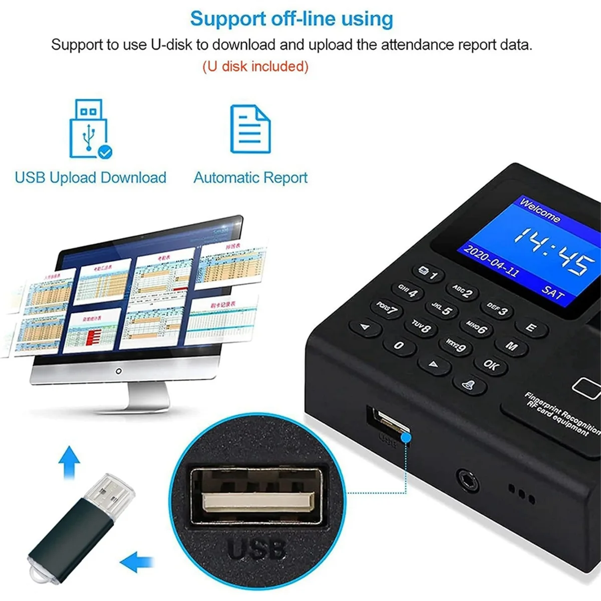 Time Attendance Machine Fingerprint Password Time Clock for Employee with Finger Scan, RFID and PIN Punching in OneJAS