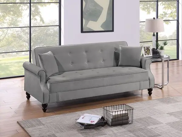

Adjustable Gray Sofa with Storage, Plush Futon Couch w Pillows, Tufted Back, Rolled Arms
