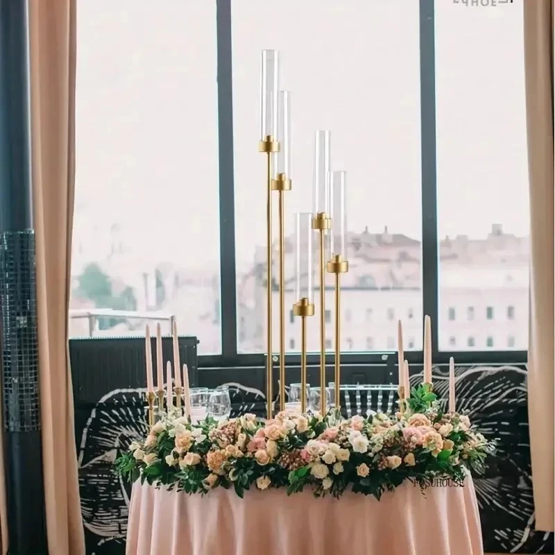 & Road Lead Table Centerpiece Candelabra 5/6/8 Heads Metal Candle Holders Gold Candelabrum Stand Pillar Candlestick Wedding H