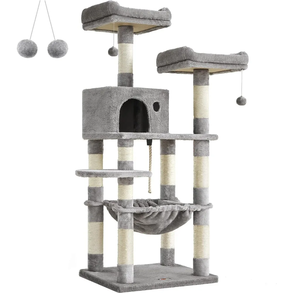 

Cat Tree, Cat Tower for Indoor Cats, 56.3-Inch Cat Condo with Scratching Posts, Hammock, Plush Perch, Light Gray UPCT15W