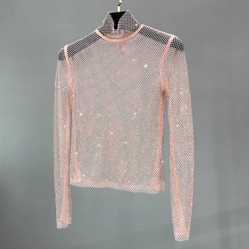 Glitzernde Netz-Diamant-Hohlmuster-T-Shirts Sexy Langarm-Rollkragenpullover für Damen Durchbrochenes Pailletten-Shirt Party Clubwear Großhandel – Detail 6