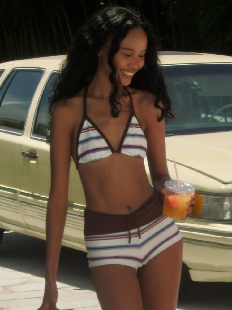 Striped Sexy Bikini Set Lace-up Swimsuit Women Beach Outfit Bathing Suit Drawstring Shorts Cinjunto De Dos Piezas Mujer Swimwear