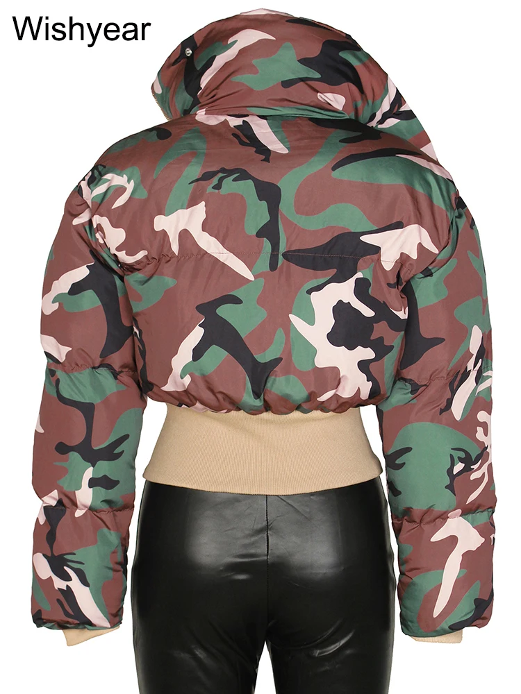 Vintage Women Camouflage Zipper Puffer Jacket Long Sleeve Stand Collar Winter Camo Bubble Cotton Coats Boyfriend Crop Parkas New