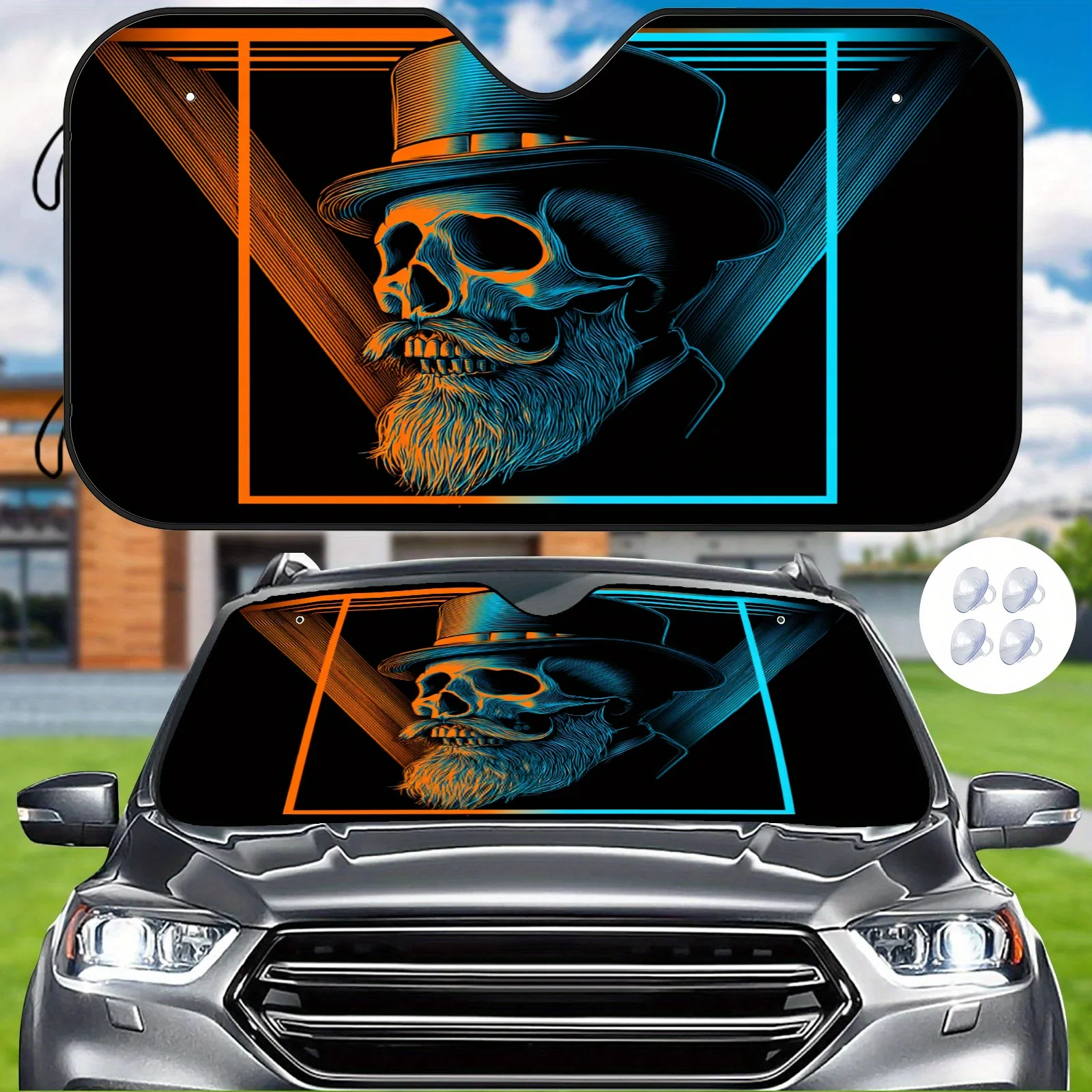 Gentleman Skull Trendy Car Sunshade, Neon Line Design, Easy To Install And Durable, Includes 4 Suction Cups To Help Control Inte