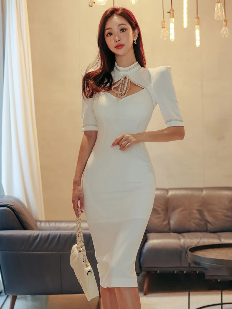 

Summer Elegant Office Women Dress Chic Formal White Sexy Hollow Short Sleeve Slim Midi Pencil Party Prom Birthday Mujer Vestidos