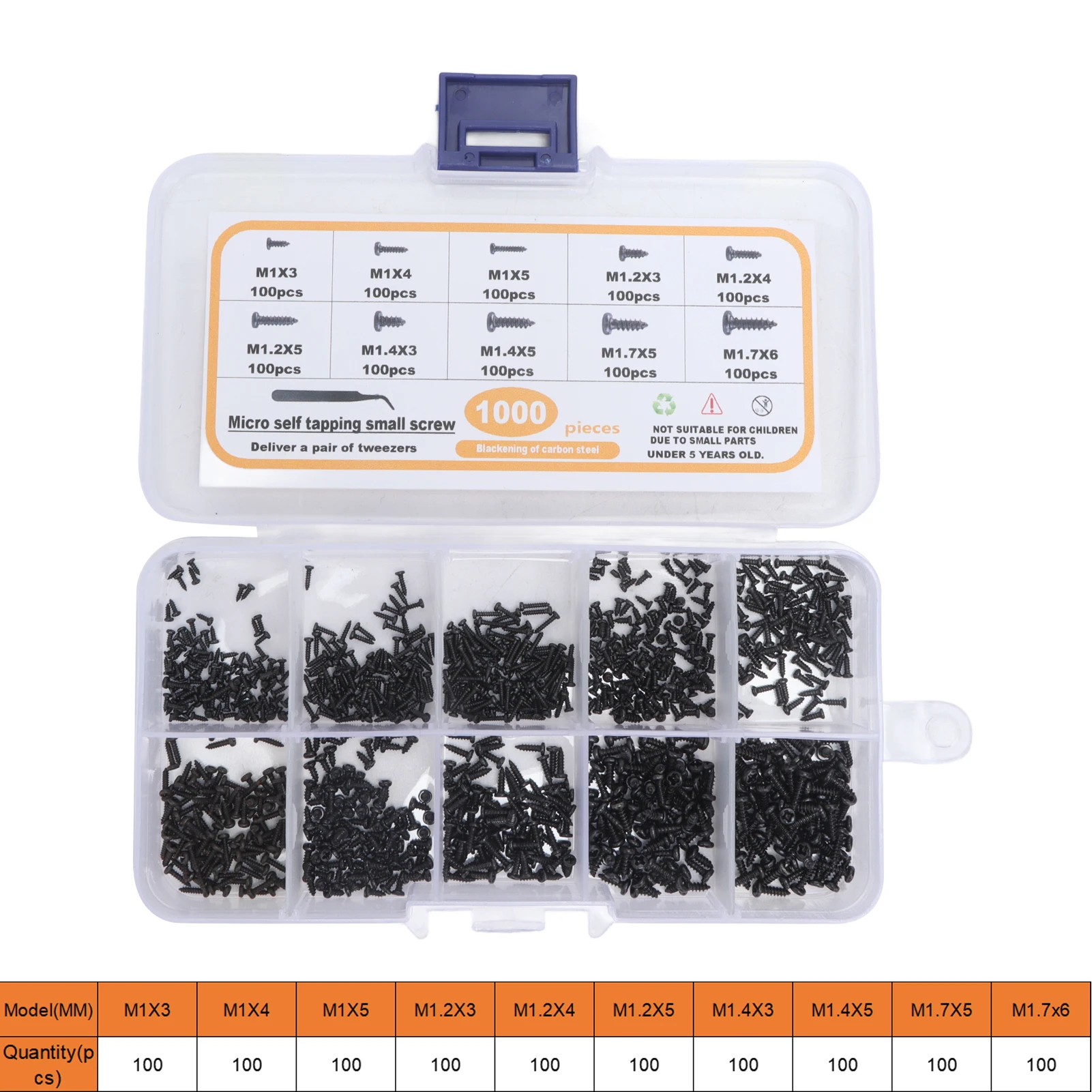 1000Pcs Self Tapping Small Screws Assortment M1 M1.2 M1.4 M1.7 Black Pan Head with Tweezers