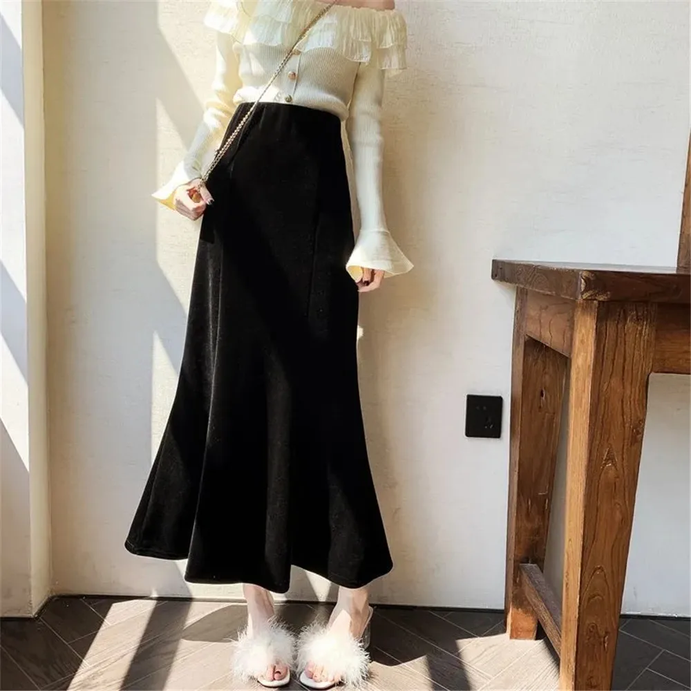 

Black A-Line Ruffles Velvet Mermaid Skirt Women Elegant High Waist Long Skirts Autumn Winter Black A-Line Bodycon Wrap Hip Skirt