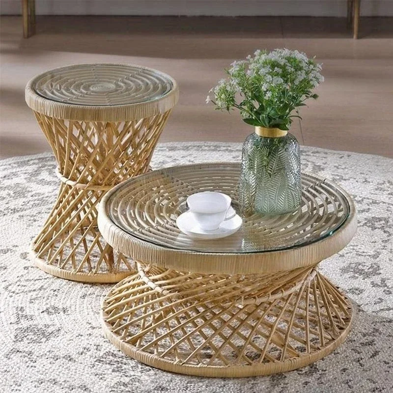 Balcony rattan Indonesian rattan small coffee table living room real rattan round table simple new Chinese casual coffee table