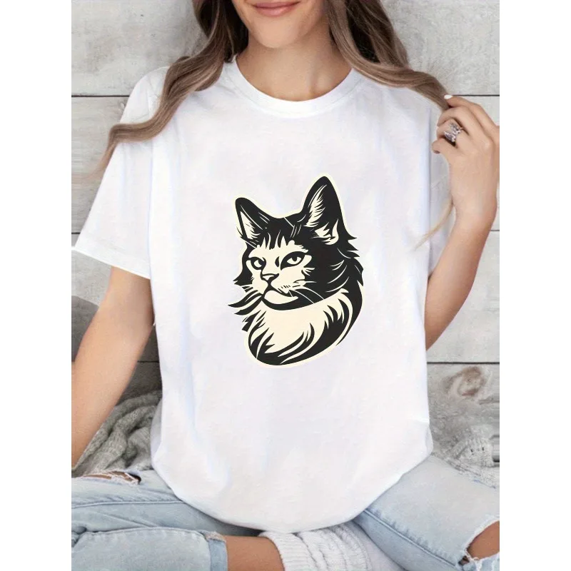 

Women's Short Sleeved T-shirt with Cute Cat Head Pattern Casual and Comfortable All Season Versatile Top Soft Fabric T-shirt