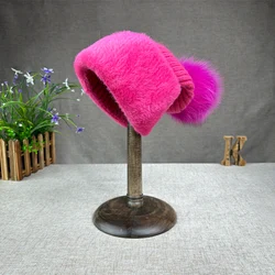 2024 nuove donne addensate versione coreana palla di pelliccia di volpe cappello lavorato a maglia donna autunno e inverno pelliccia di coniglio peluche cappello di lana tendenza