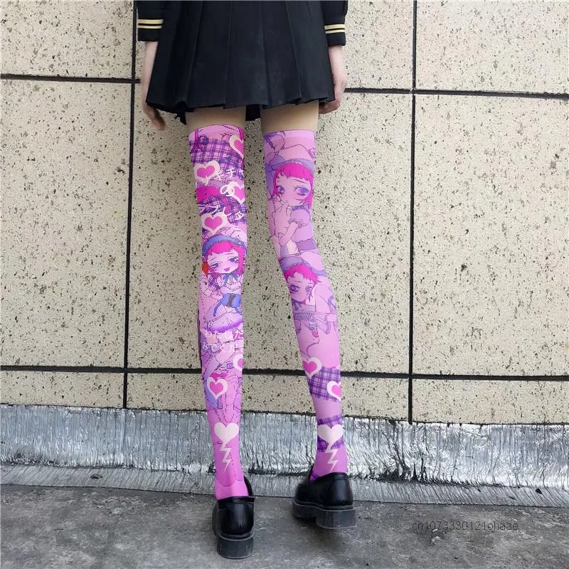 Anime Printed Y2k Japanese Style Silk Socks Thin Women\'s Spring and Autumn Lolita Cute Cartoon Knee Length White Velvet Socks