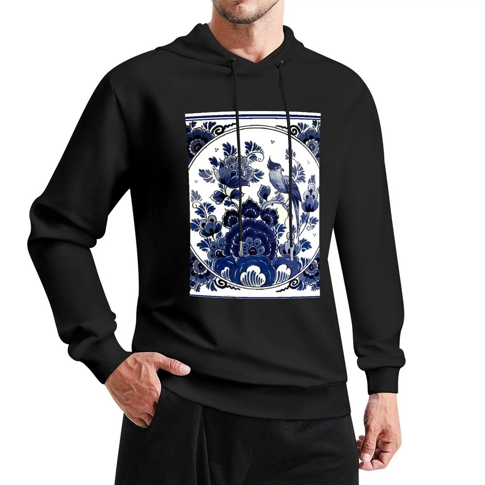 

DUTCH BLUE DELFT : Vintage Blue Bird and Flowers Print Pullover Hoodie men's winter sweater autumn hoodie