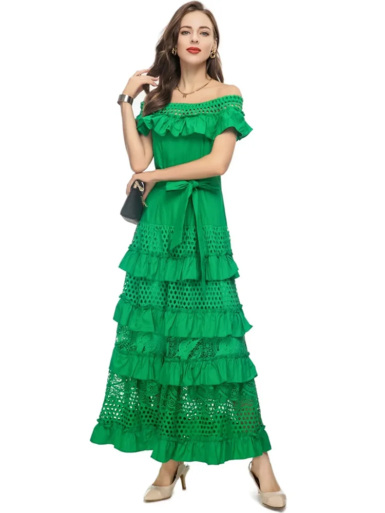 

Fashion Runway Solid Color Women's Summer Sexy One Word Collar Belt Cascading Flounces Long Dress