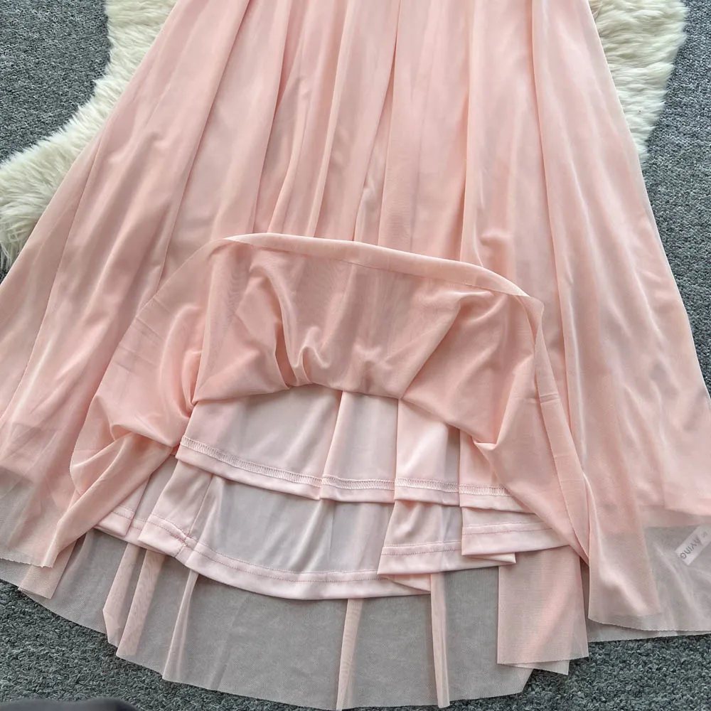 Chic vintage backless V-neck mesh sleeveless Elegant Fairy korean fashion Boho Sundress women clothing dress