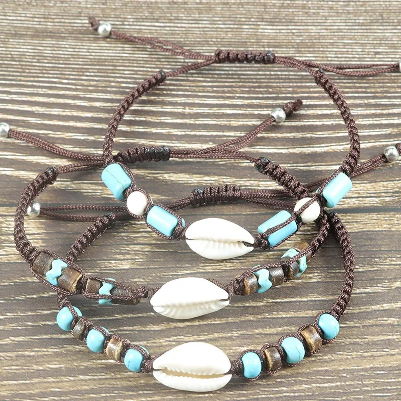 Adjustable Boho Conch Shell Beach Ankle Bracelets Turquoise Shell Bead Woven Bracelet for Women Men Summer Beach Jewelry