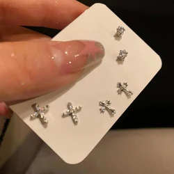 6Pcs/set Silver Color Rhinestone Cross Stud Earrings For Women Fashion Punk Earring Sets Trendy Jewelry Gifts