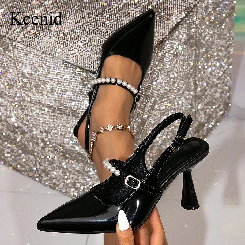 

Kcenid Elegant Fashion Street Style Pointed Toe Pumps Women Summer Patent Leather Back Buckle Strap High Heels Slingbacks Pumps