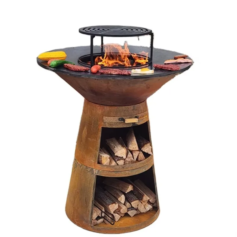 Outdoor steel fire pit barbecue board with firewood storage