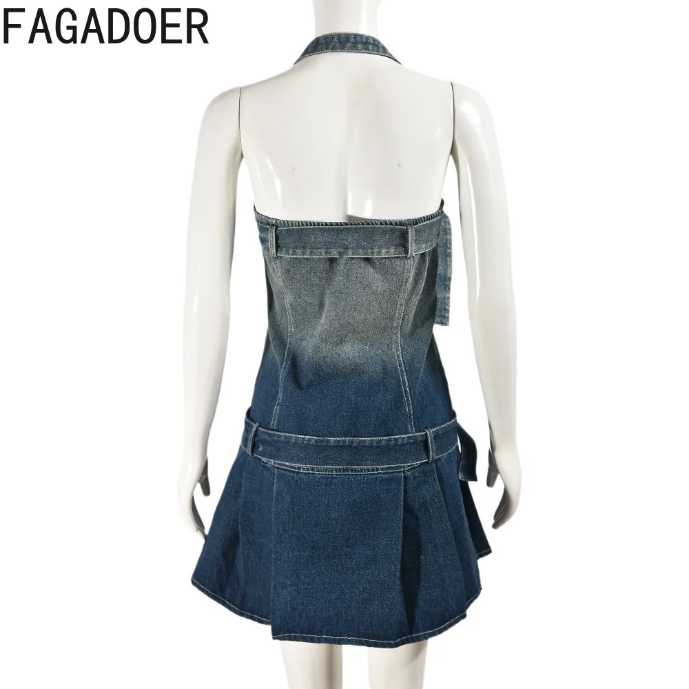 FAGADOER Fashion Denim Halter Gradient Print Belt Dress Women Sleeveless Backless Pleated Vestidos Female Trend Cowboy Streetwea