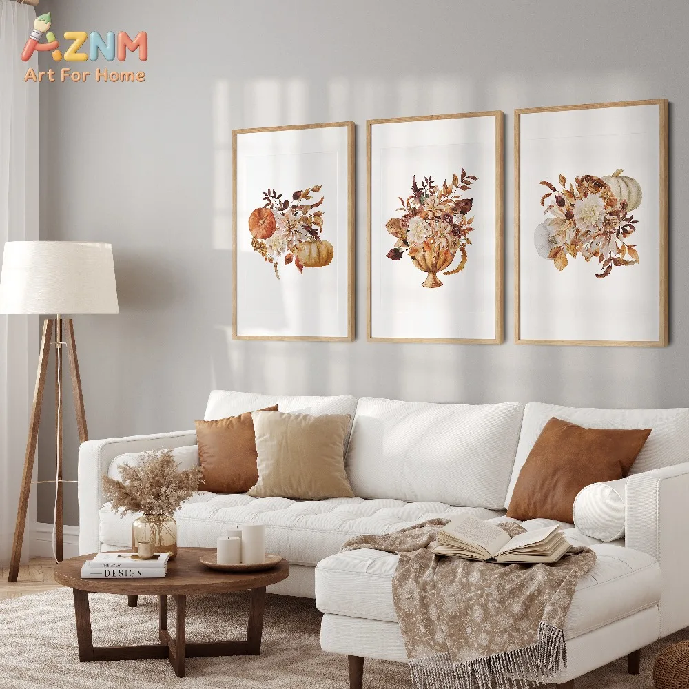 AZNM 3Pcs Watercolor Autumn Floral Pumpkin Canvas Wall Art, Neutral Fall Leaf Flower Vase Print Frameless Canvas Painting, Farmh