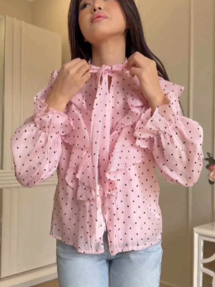 

Solid Heart Print Rufflewomen Blouse Elegant Chic Tie Neck Bow Ruffle Trim Shirt 2026 Women's Date Club Daily Night Tops