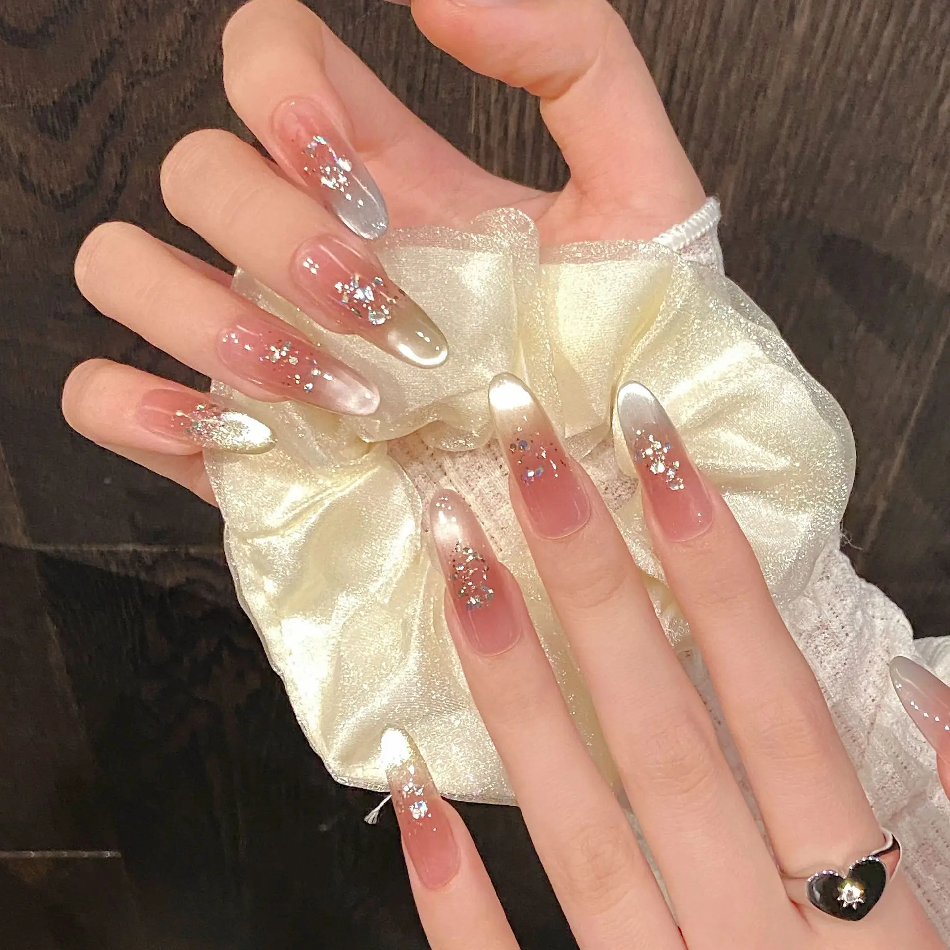 Handmade Press on Nails Rainbow Cateye Fairy with Gillter Design Reusable Wearable Fasle Nails Manicure Full Cover Nail Art