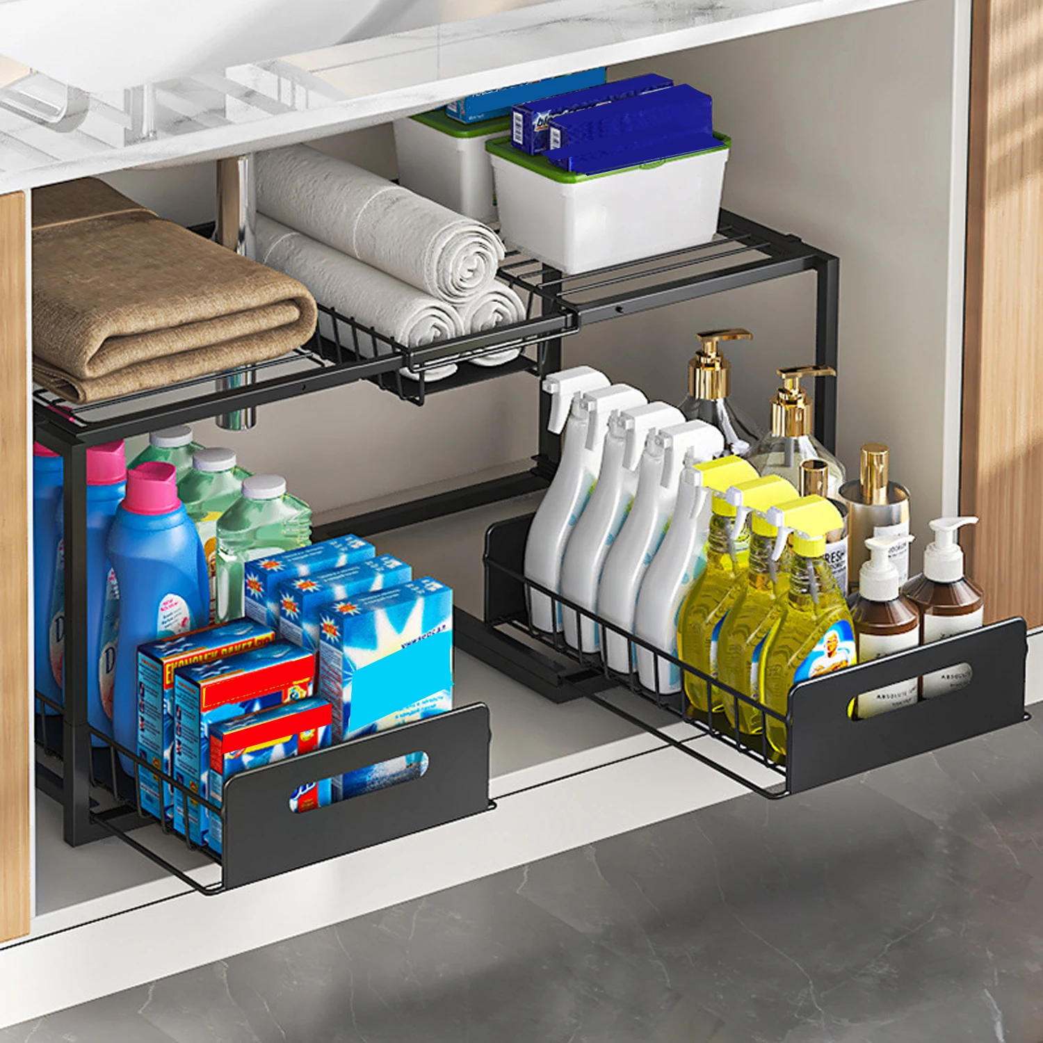 1 Set Multiuso Cucina Sotto Lavandino del Bagno Organizzatori Estraibile Espandibile Scaffale Dell'armadio Organizzatore Cassetto Scorrevole Rack di Stoccaggio