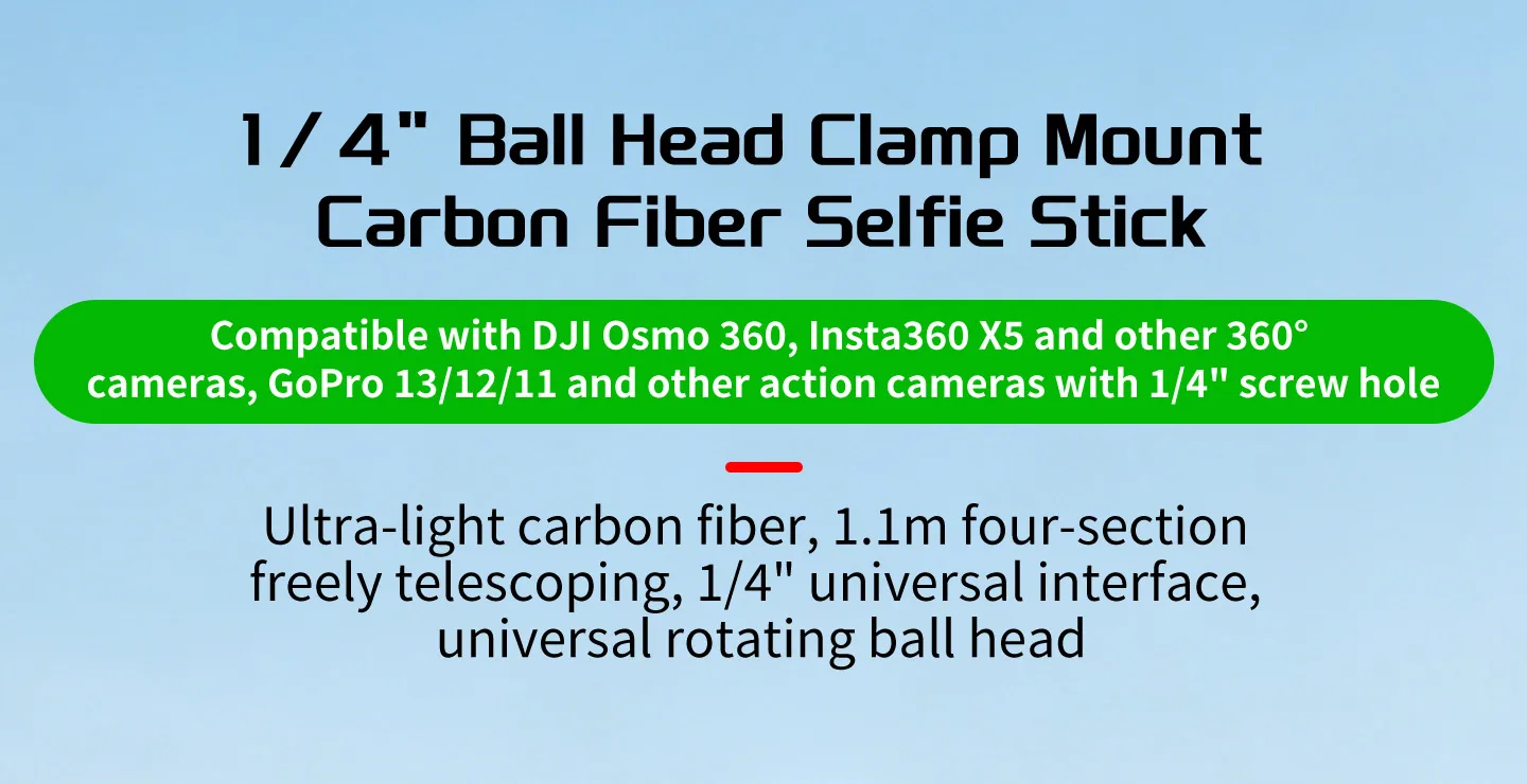 1,1 m Carbonfaser unsichtbarer Selfie-Stick mit 360-Grad-Kugelkopf-Klemme, verstellbar für Insta360 X6 X5 DJI Osmo 360II Action-Kamera – Detail 1
