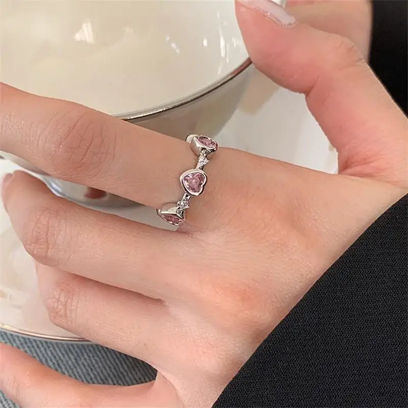 XIYANIKE Sweet Pink Heart Zircon Open Ring For Women Girl Elegant Fashion New Jewelry Lady Gift Party Wedding anillos mujer