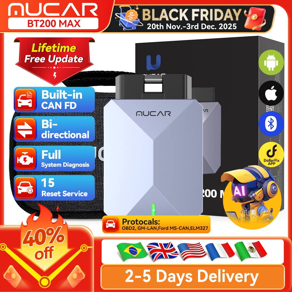 Lifetime Free Update MUCAR BT200 Max OBD2 Scanner CAN FD Bi-Directional Control All System Diagnostic Tool 15 Reset for All Cars