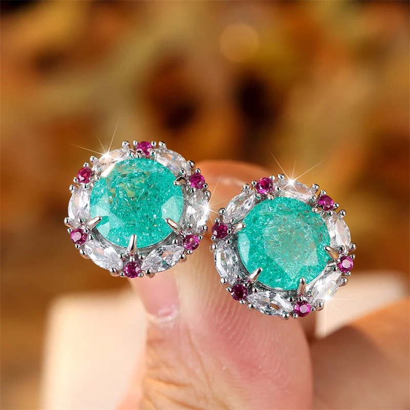Cute Female Green Stone Snowflake Stud Earrings Silver Color Zircon Stone Wedding Jewelry For Women
